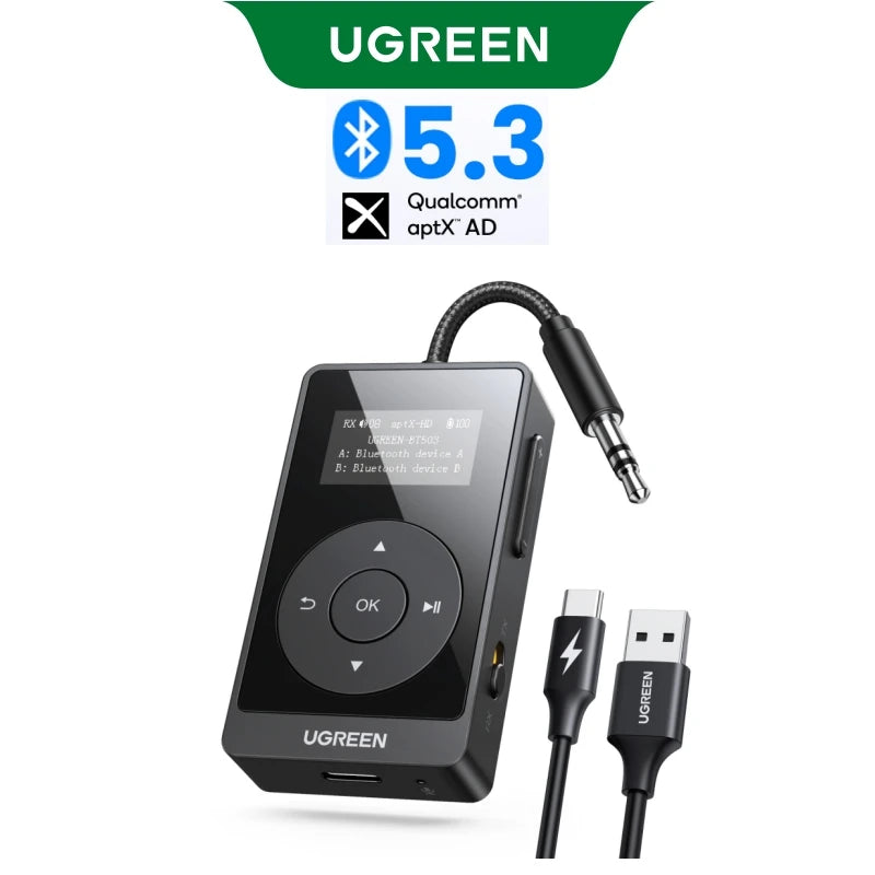 UGREEN aptX HD Airplane Bluetooth 5.3 Receiver Transmitter for All Headphones Wireless Audio Aux Bluetooth Adapter for TV Flying