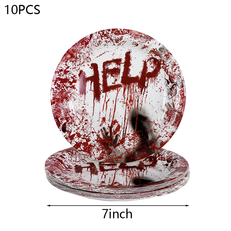Halloween Party Disposable Tableware Scary Bloody Handprint Paper Plates Cups Popcorn Box For Halloween Horror Party Decor Props