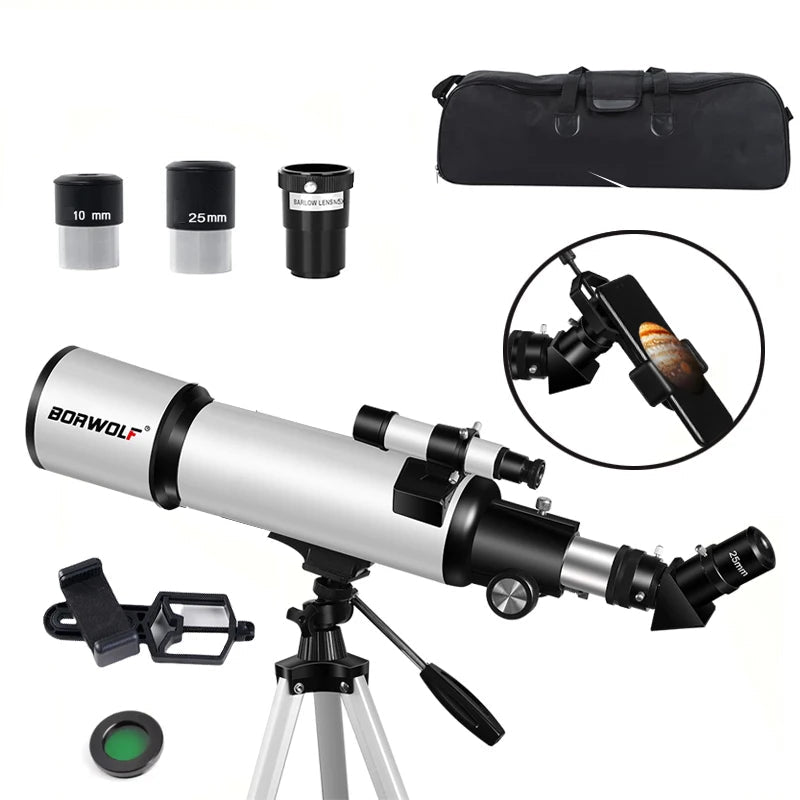 BORWOLF AZ80500  Astronomy Telescopes for Adults, 80mm Aperture 500mm AZ Mount 250X HD for Moon Stargazing and Bird Watching