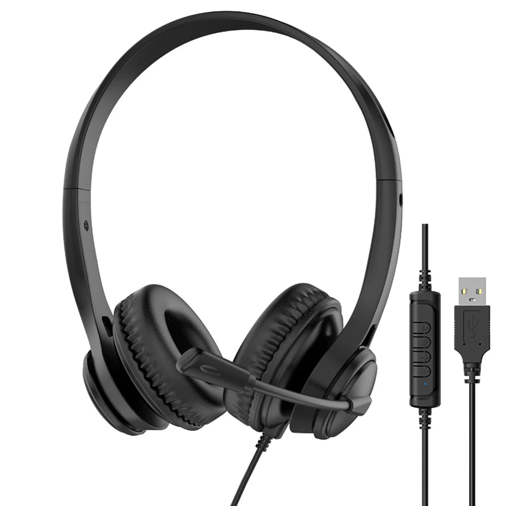 Wired USB Headset Call Center Headphones with Microphone Noise Cancelling Over Gaming Over-Ear Headsets for Computer PC Laptop