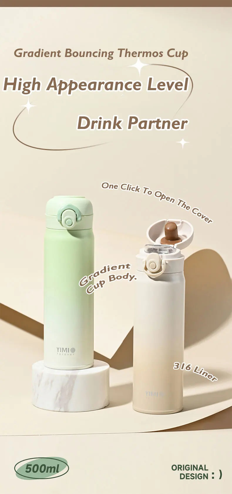 500ml large capacity thickened 316 stainless steel vacuum Thermal insulation portable Tumbler Thermos Water bottle Coffee cup