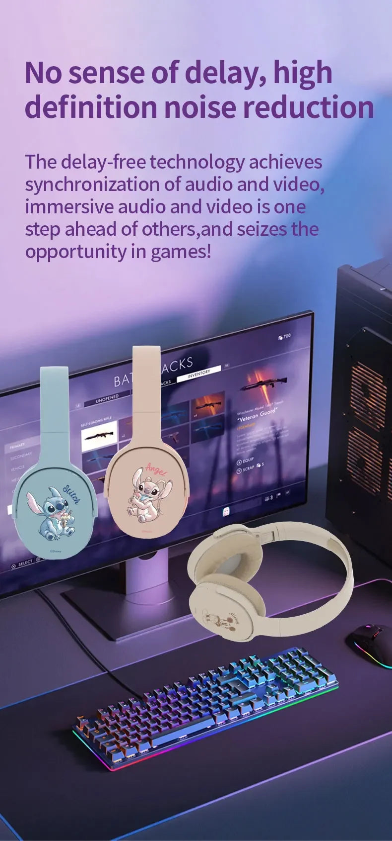 Disney Stitch P2961 Headphones Bluetooth Gaming Sport Over Ear Headset Noise Reduction Surround Sound Wireless Child Earphones