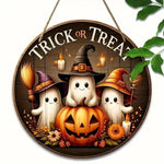 Halloween Round Wooden Signage - Cute Ghost, Pumpkin, Witch Hat Design, Suitable for Home, Door, Garden, Halloween Decoration