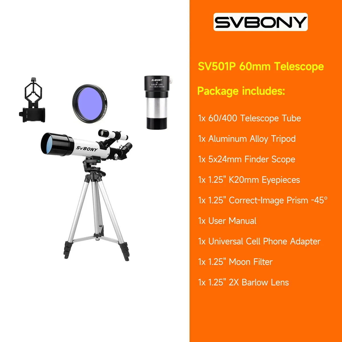 Svbony SV501P 60/70mm Astronomical Telescope Sets,for Planetary and Moon Observation,Gift for  Kids,Beginners and Students