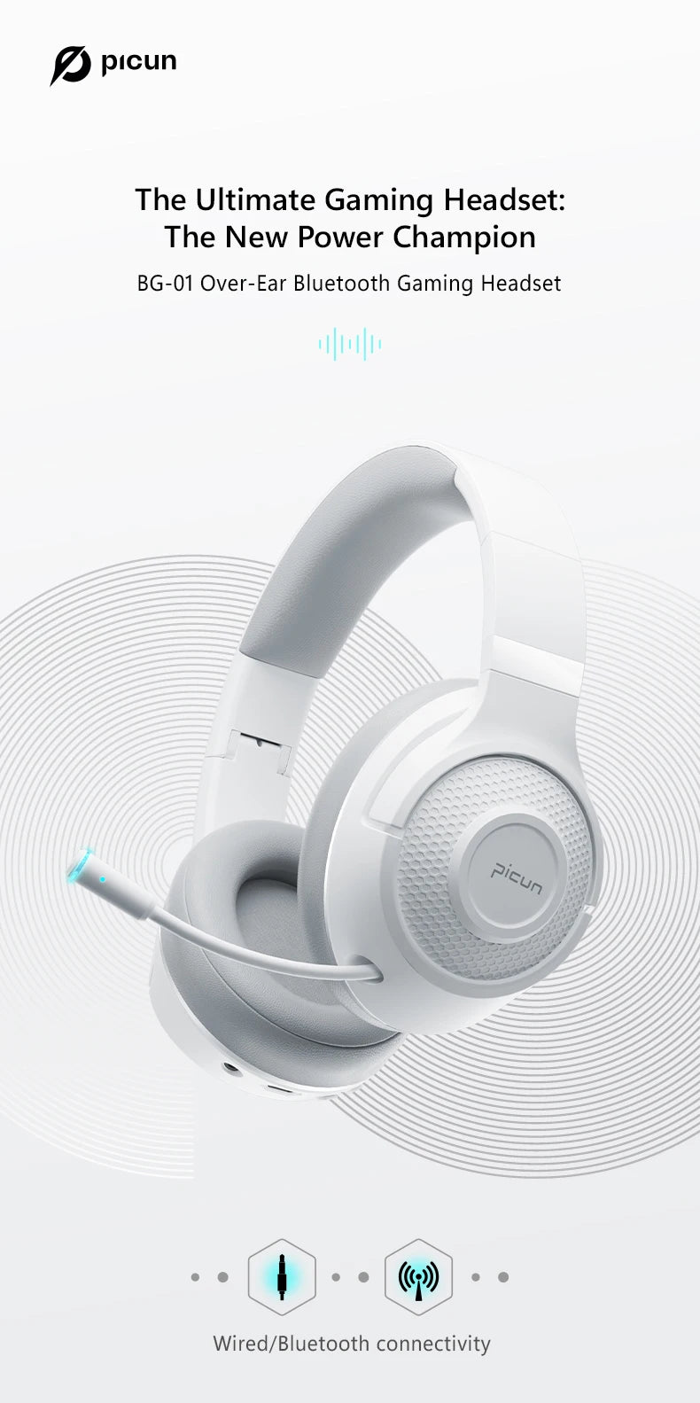 Picun BG 01 Gaming Wireless Headphone Mic OverEar Earphones 0.045s Low Latency Bluetooth 5.3 40mm Driver Wireless Cable Headset