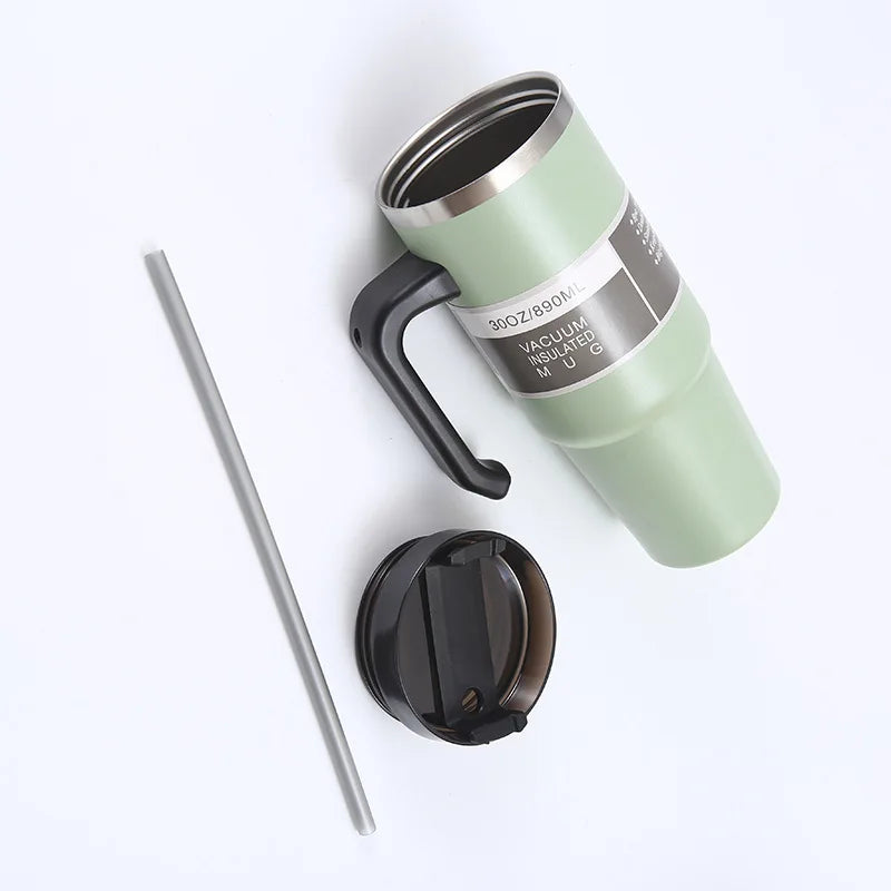 20oz/30oz Stainless Steel Car Thermos Bottle Travel Sports Water Bottle Large Capacity with Handle Straw Mug Outdoor Coffee Cup