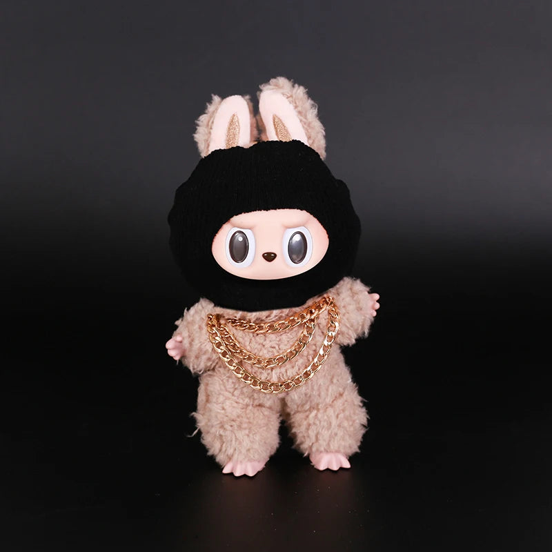 Luxury Tidal Current Labubu Black Hip Hop Mask Knitted Hat Accessories 3-Layer Big Gold Chain Street Fashion Doll Ornaments