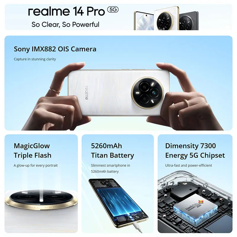 Global Version Realme 14 Pro 5g Smartphone 5g Processor Dimensity 7300 Energy Chipset Sony Imx882 Camera with Ois Screen