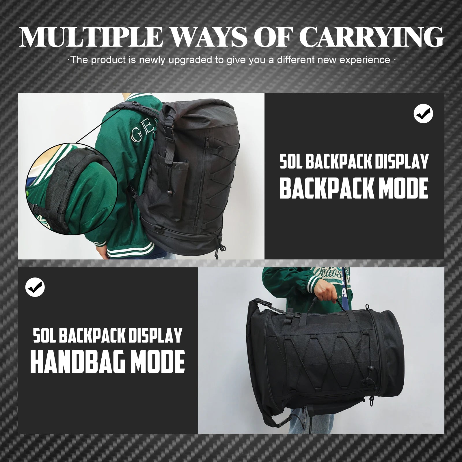 Motorcycle 50L Luggage Backpack Multifunction Tail Rack Bag Travel Outdoor Sports Expandable Sissy Bar Backrest Bag With Straps