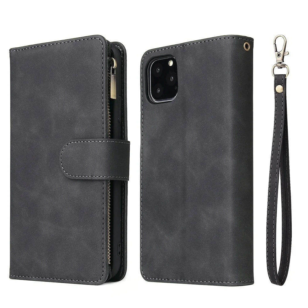 Premium Leather Wallet Case For iPhone 16 15 14 13 12 11 17 Pro Max Plus 17Air 16e Zipper Wallet Card Slots Magnetic Flip Cover