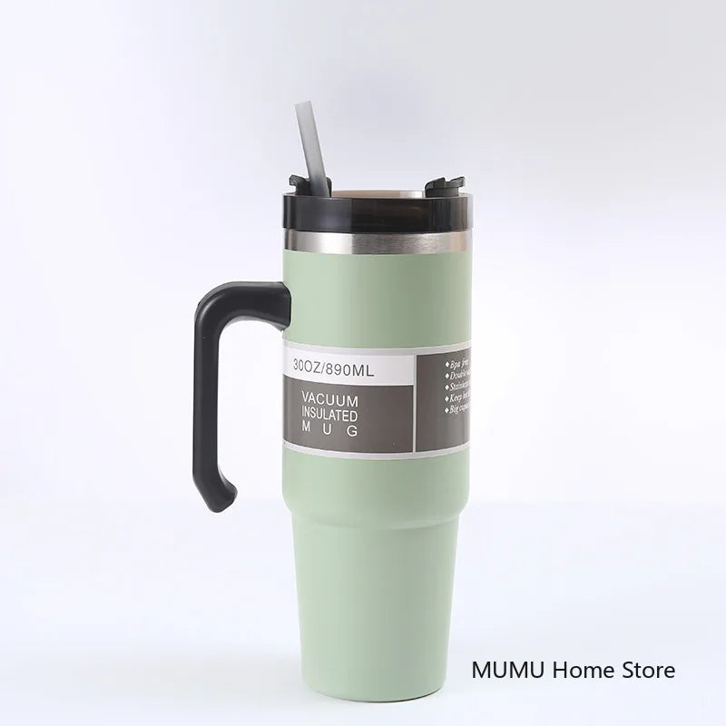 20oz/30oz Stainless Steel Car Thermos Bottle Travel Sports Water Bottle Large Capacity with Handle Straw Mug Outdoor Coffee Cup