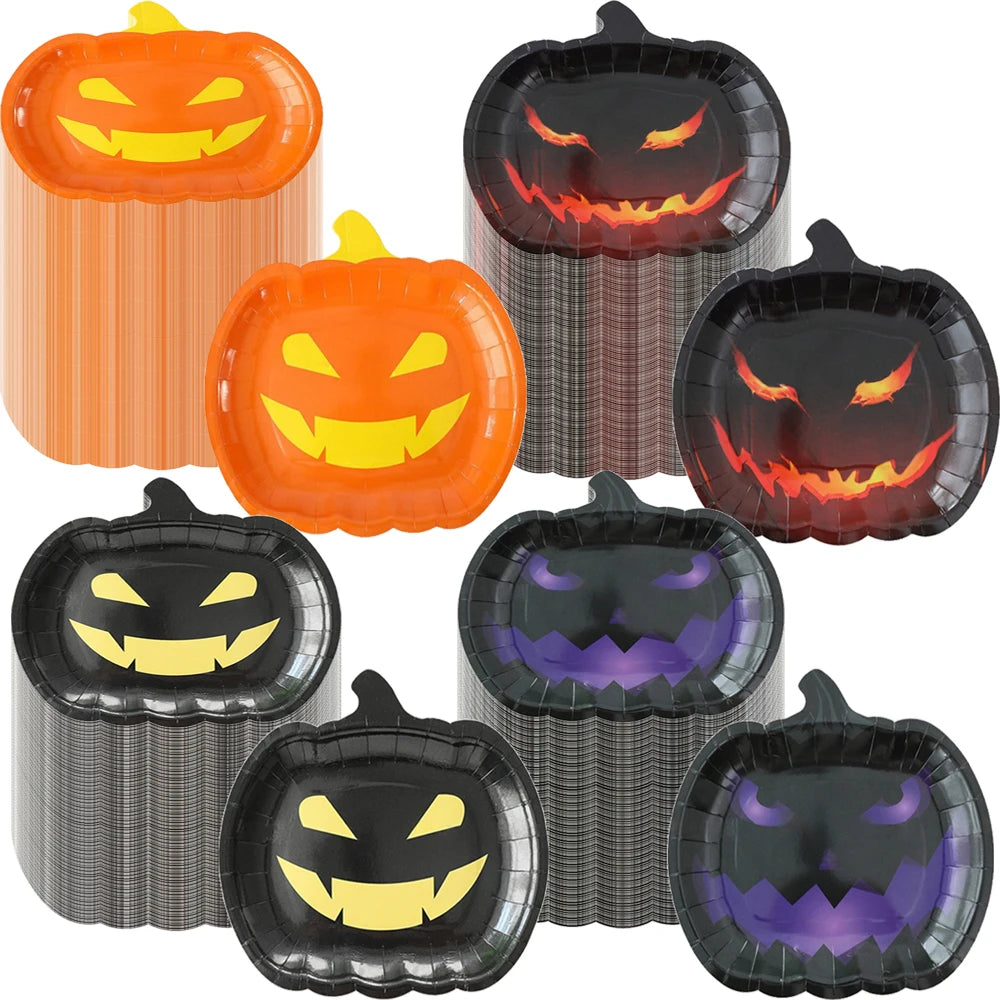 10/50pcs Halloween Pumpkin Paper Plates Cute Grimace Orange Pumpkin Shape Disposable Plates 7'' Halloween Tableware Decorations