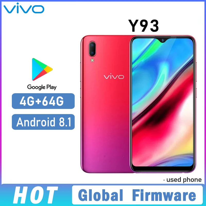 VIVO Y93 Smartphone Global firmware  Camera 13MP+2.0MP 4GB 64GB  Android 8.1 6.2'' 4030mAh Dual SIM Used Phone
