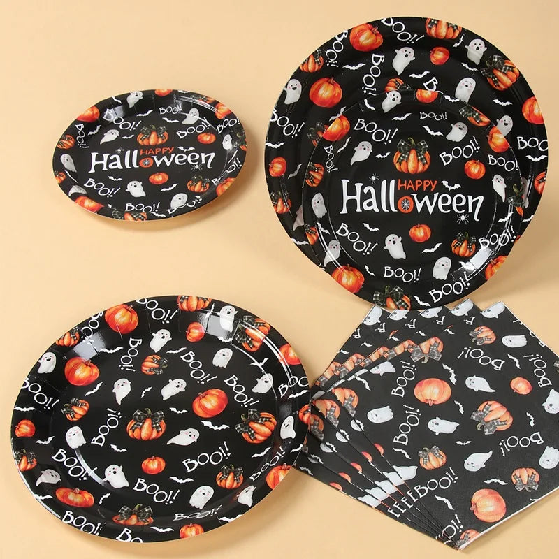 Halloween Disposable Tableware Pumpkin Ghost Boo Paper Plates Cups Napkins Kids Favor Happy Halloween Decoration Trick or Treat