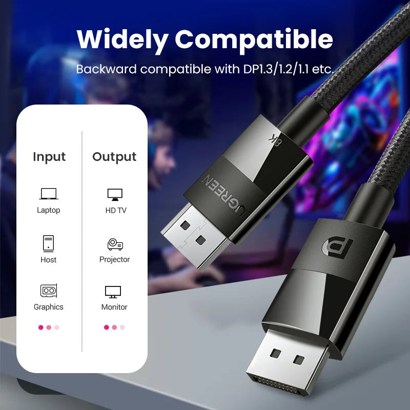 UGREEN DisplayPort Cable 8K DP 1.4 Adapter 2K165Hz 32.4Gbps Cable for PUBG Gaming Play for PC Computer Monitor Projector