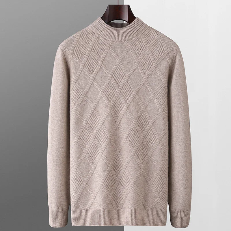 Autumn and winter new 100% pure wool men's diamond thick loose middle-aged and young business half height warm pullover sweater