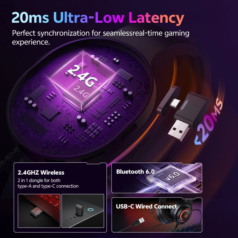 QCY Heroad V200 Gaming Over Ear Headphone Wireless Bluetooth 6.0 with Mic 50mm Driver 7.1 Surround Sound Dynamic EQ RGB Headset