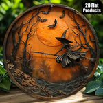 2D Flat, Halloween Wooden Wall Decor - 2D Flat Printed Round Sign with Witch, Bats & Moon Design - Classic Style Home, Kitchen,