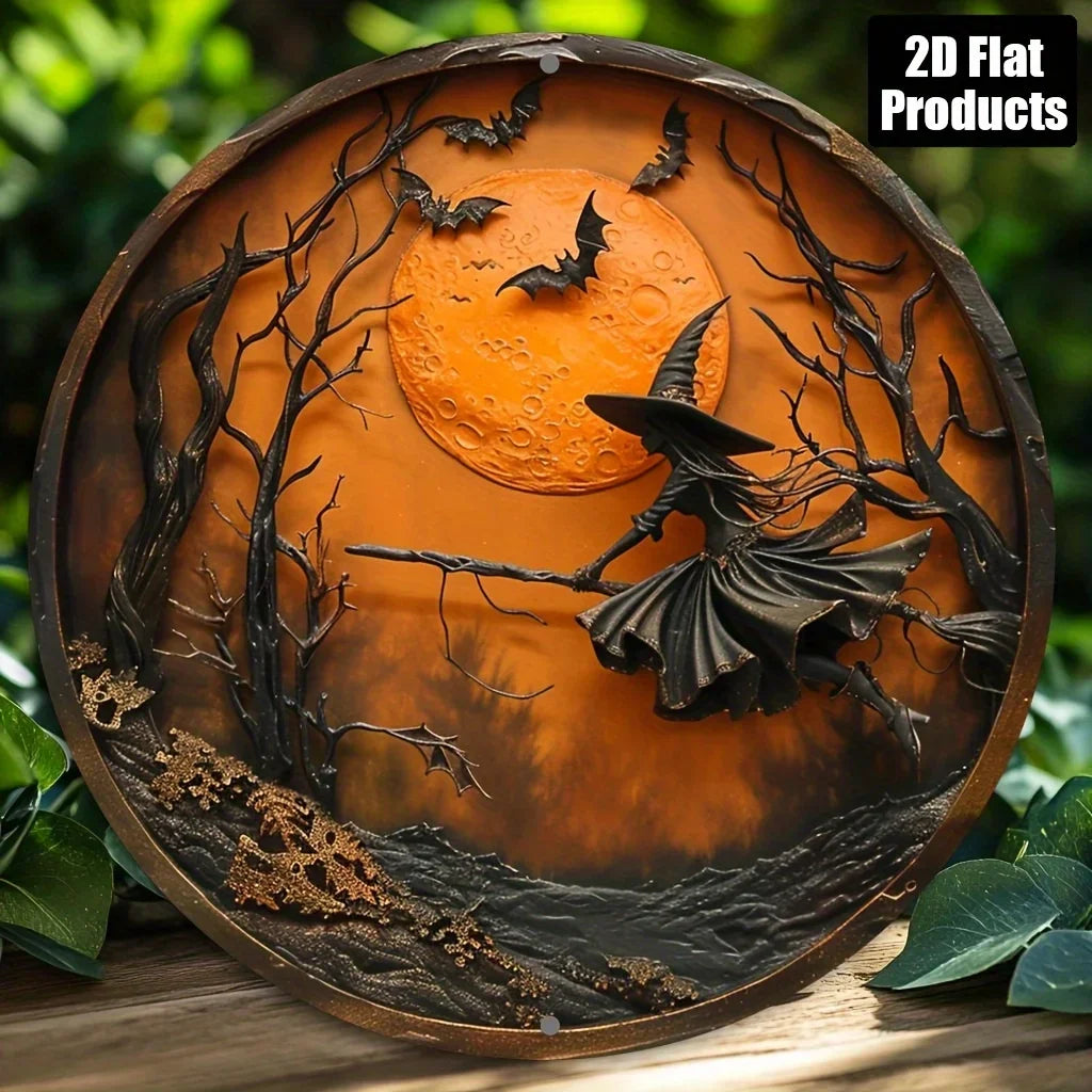 2D Flat, Halloween Wooden Wall Decor - 2D Flat Printed Round Sign with Witch, Bats & Moon Design - Classic Style Home, Kitchen,