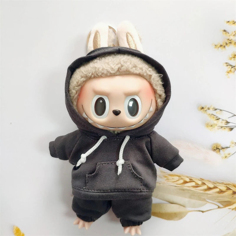 17cm Labubu Doll Black Hoodie Sweatshirt and Pants Set for Doll DIY Outfit Gift
