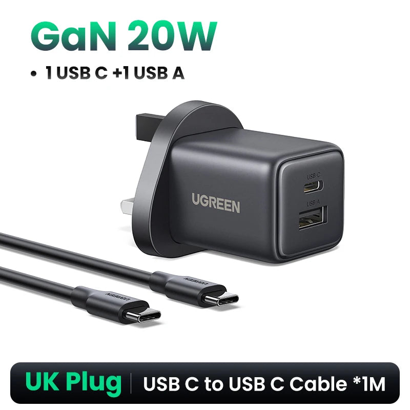 UGREEN 20W GaN Charger PD3.0 QC3.0 Mini USB C Phone Charger For iPhone 17 16 15 Pro Max Samsung S25 Xiaomi Tablet iPad Air Pro