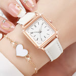 2/4PCS Fashion Square Women's Watch Leather Band Quartz Watches Heart Bracelet Set（Without Box）