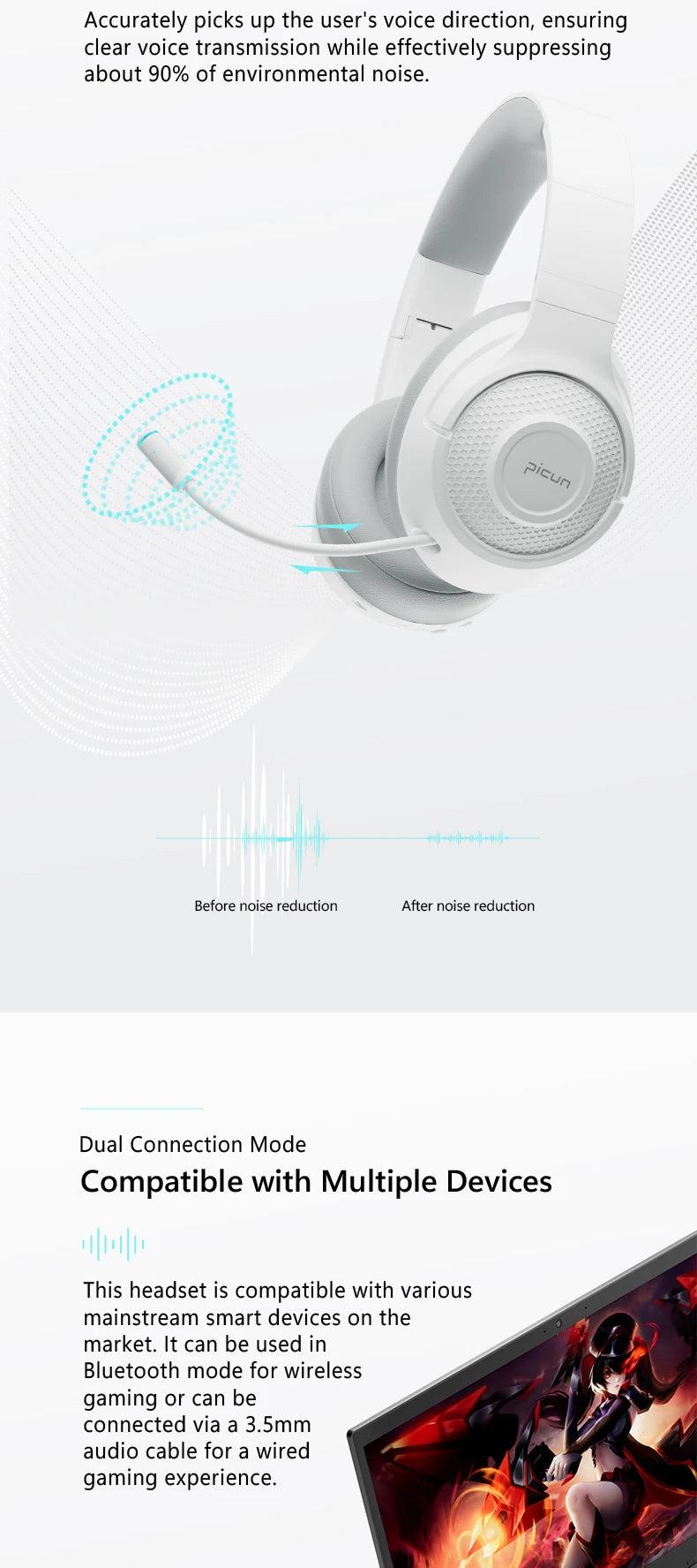 Picun BG 01 Gaming Wireless Headphone Mic OverEar Earphones 0.045s Low Latency Bluetooth 5.3 40mm Driver Wireless Cable Headset