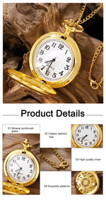 Antique Steampunk Vintage Arabic Numerals Quartz Pocket Watch Gold Case Necklace Pendant Clock Chain Mens Women