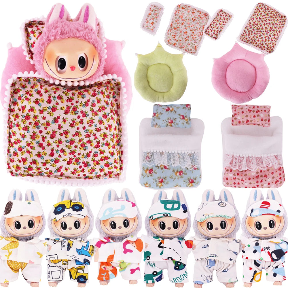 17cm Mini Doll's Accessories Set For Labubu Doll Pop 3Pcs/Set Bed+Quilt+Pillow Pajamas Sleeping Bag Dollhouse Gift,Girl's Toys