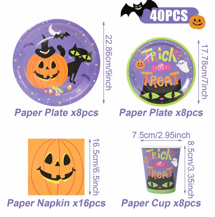 Halloween Pumpkin Black Cat Disposable Tableware Set Halloween Party Decor Kids Favors Trick or Treat  Paper Plates Cup Napkins