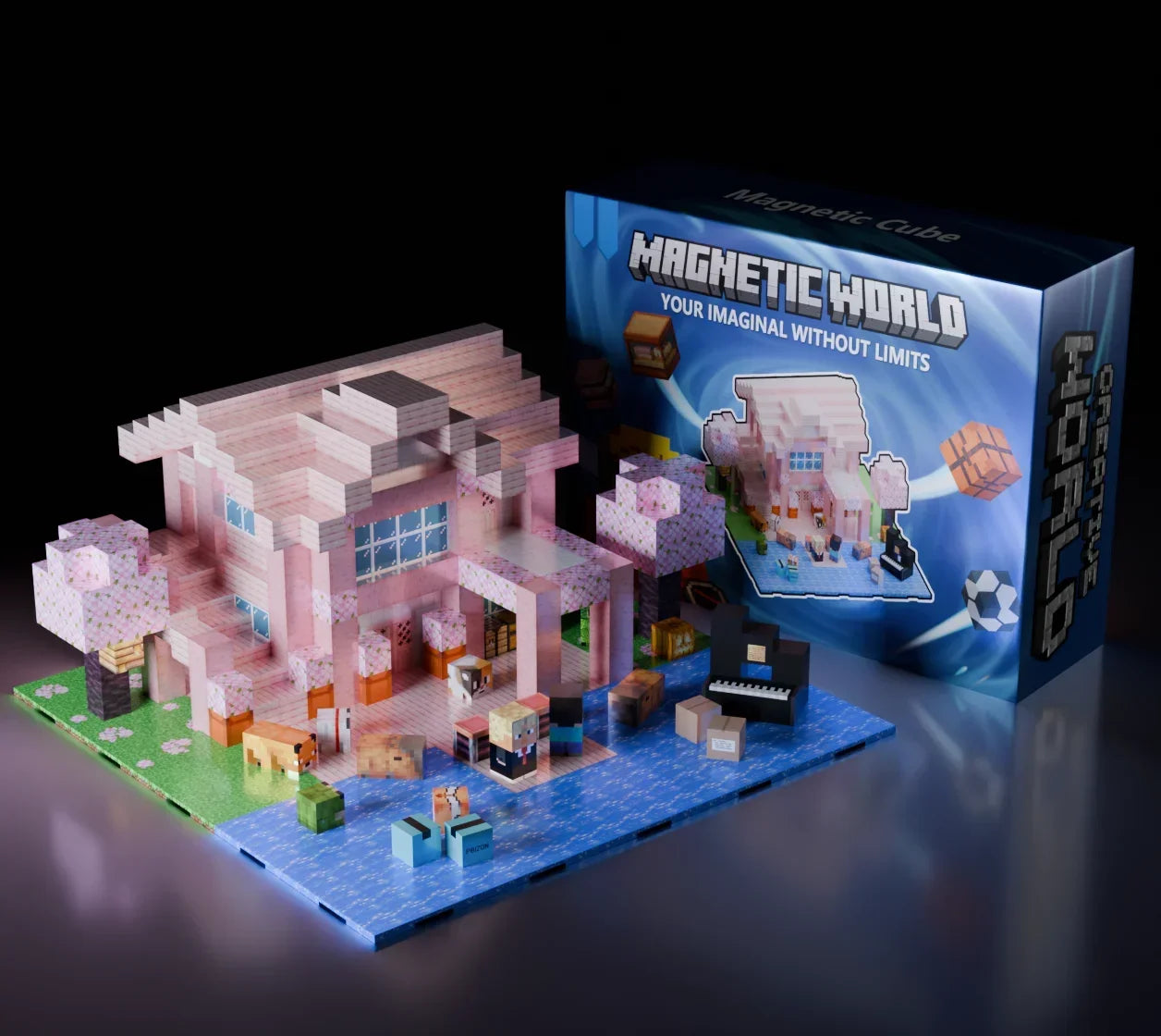 Magnetic Building Blocks Mine World Magnet Cube Set for Boy Girl Kid Age 3+ DIY Pixel style Model Base plate STEM Toy Baseplate