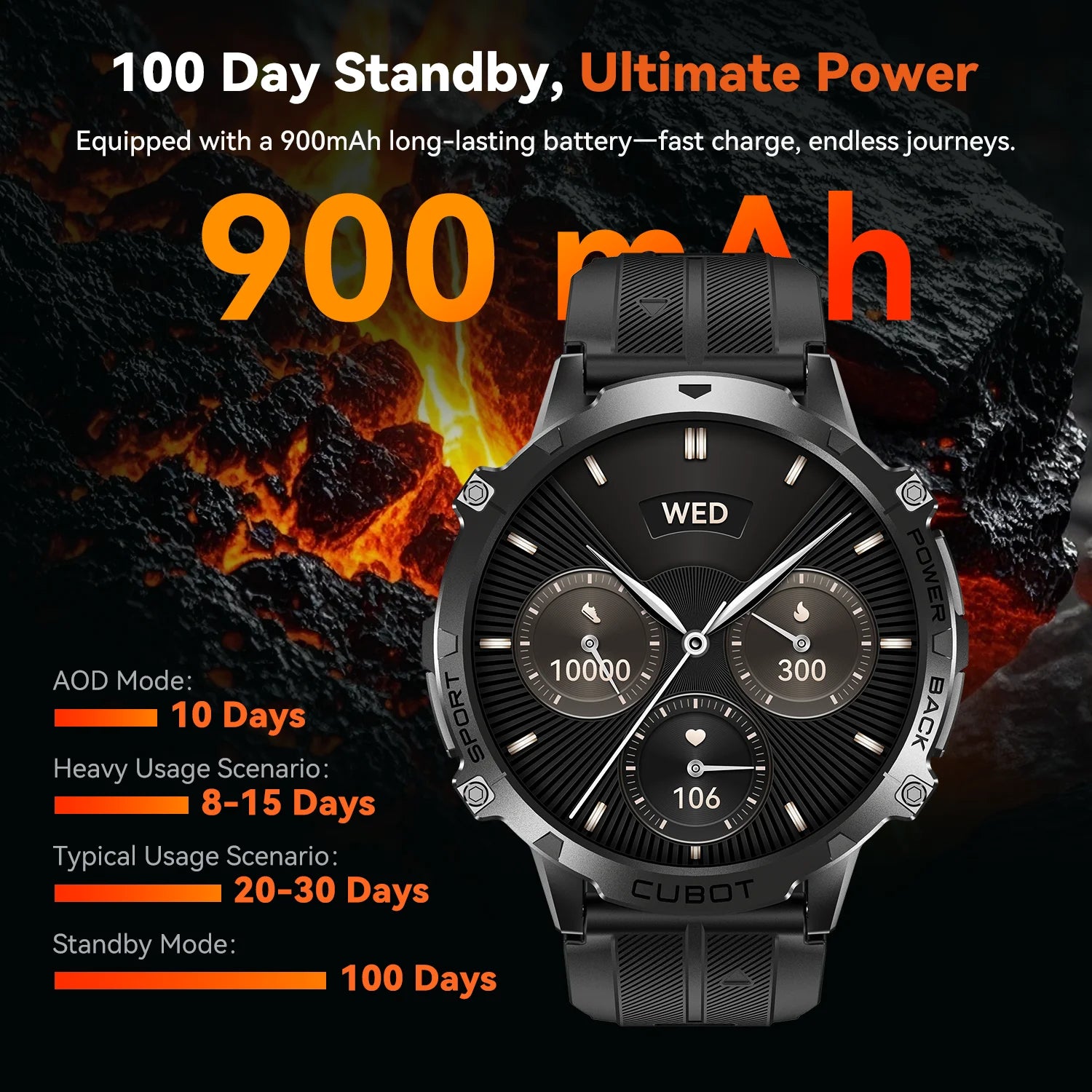 Cubot X3, Sport Waterproof Smartwatch, 1.73-inch AMOLED Display, Bluetooth Calls, 900mAh Battery, Blood Oxygen, Fitness Tracker