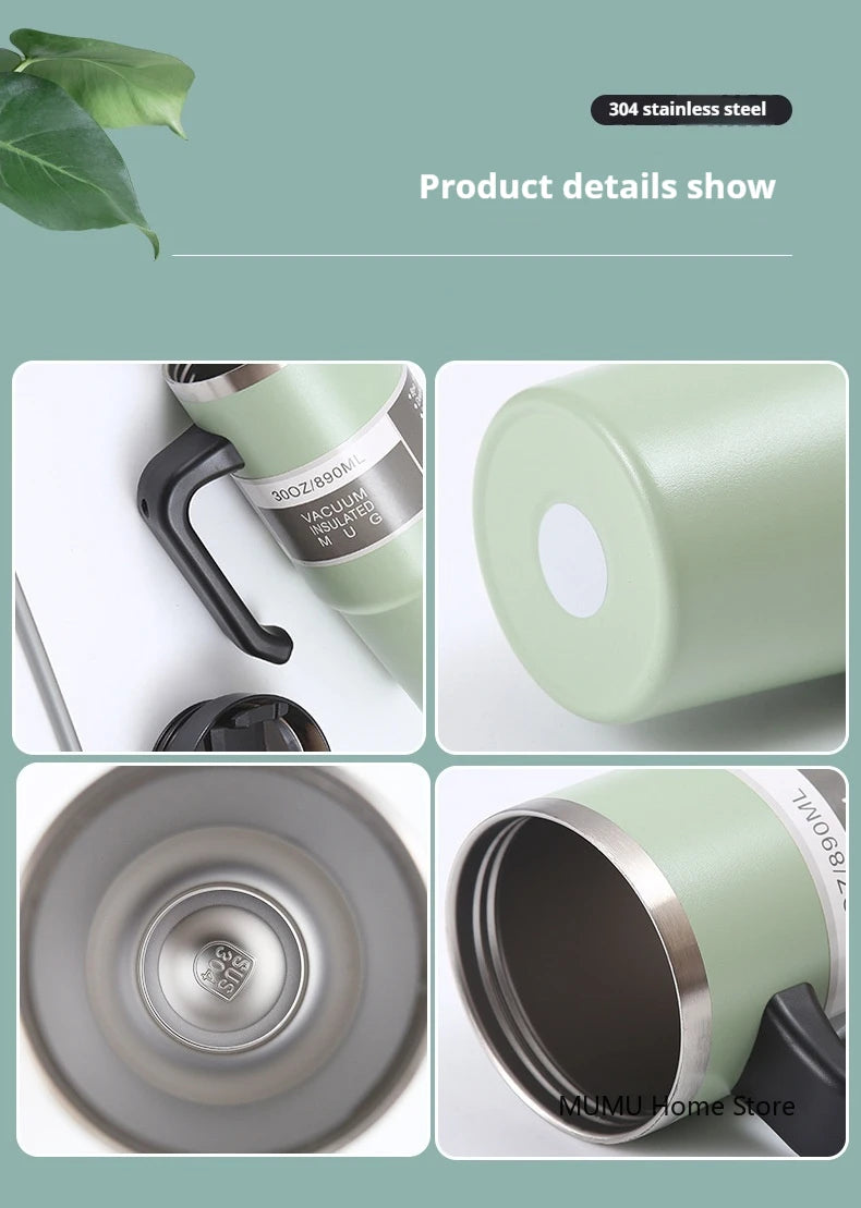 20oz/30oz Stainless Steel Car Thermos Bottle Travel Sports Water Bottle Large Capacity with Handle Straw Mug Outdoor Coffee Cup