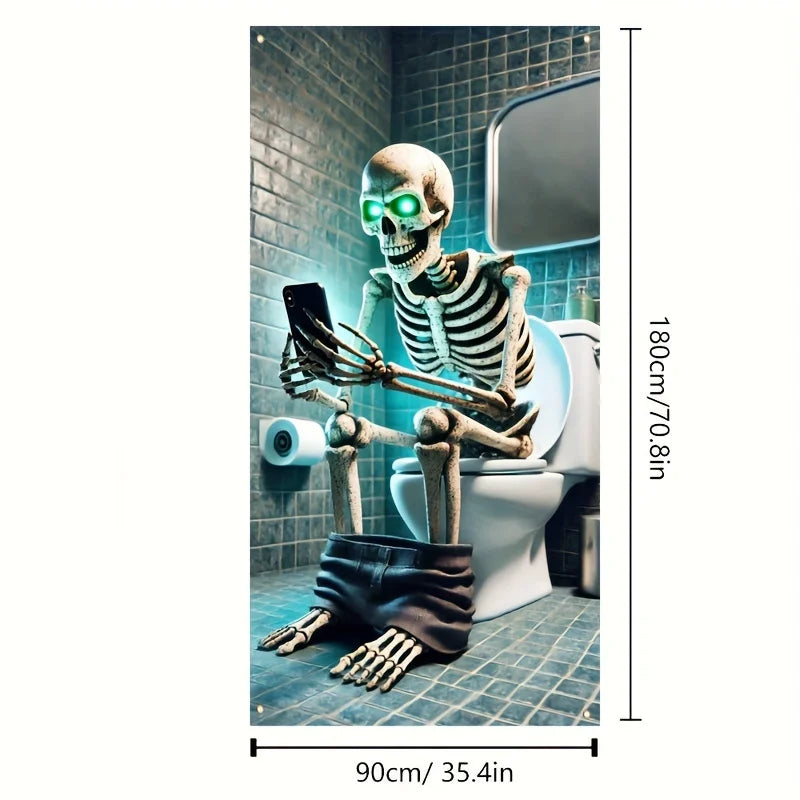 70x35in Halloween Skull Bathroom Door Banner, Haunted House Horror Theme, Indoor & Outdoor, Spooky Decor for Halloween Partiy