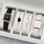 2/4PCS Fashion Square Women's Watch Leather Band Quartz Watches Heart Bracelet Set（Without Box）