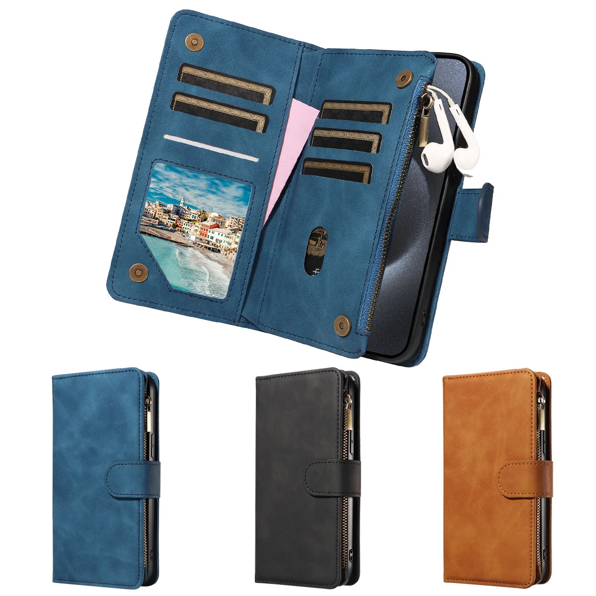 PU Leather Phone Case for Samsung GalaxyA13 A14 A15 A22 A32 S22 S23 S24 S25 M33 NOTE10 Skin Feel Zipper Flip Wallet Phone Case