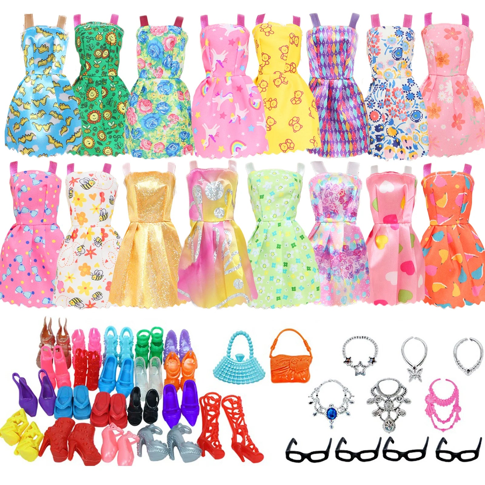 32 Item/Set Ba Doll Bie 11.5 inch Doll Accessories=10 Mix Dress+ 4 Glasses+ 6 Necklaces+2 Handbag+ 10 Shoes Clothes 11.8'' Doll