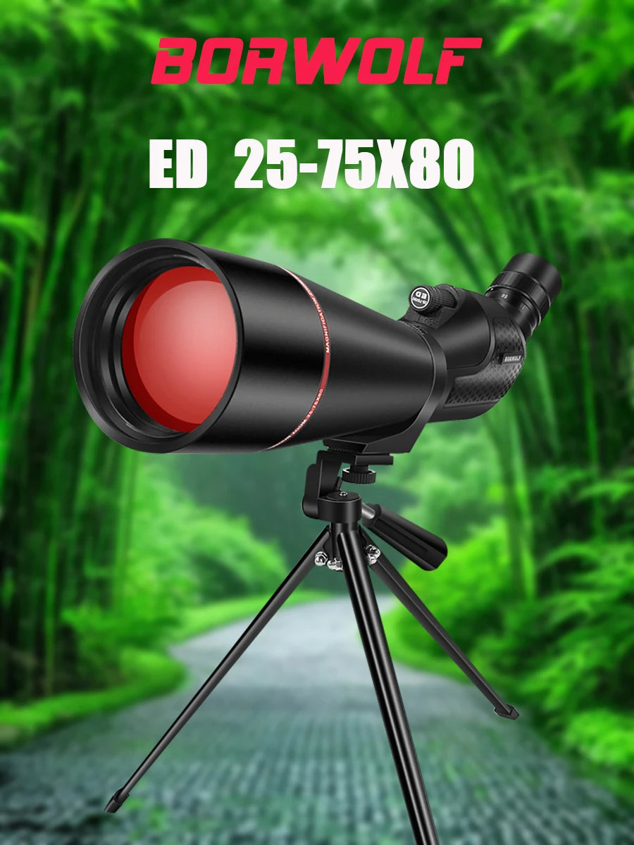 BORWOLF 25-75x80 Telescope Spotting Scope Powerful Zoom Monocular BAK4 Waterproof For Bird Watching Target Shotting With Tripod