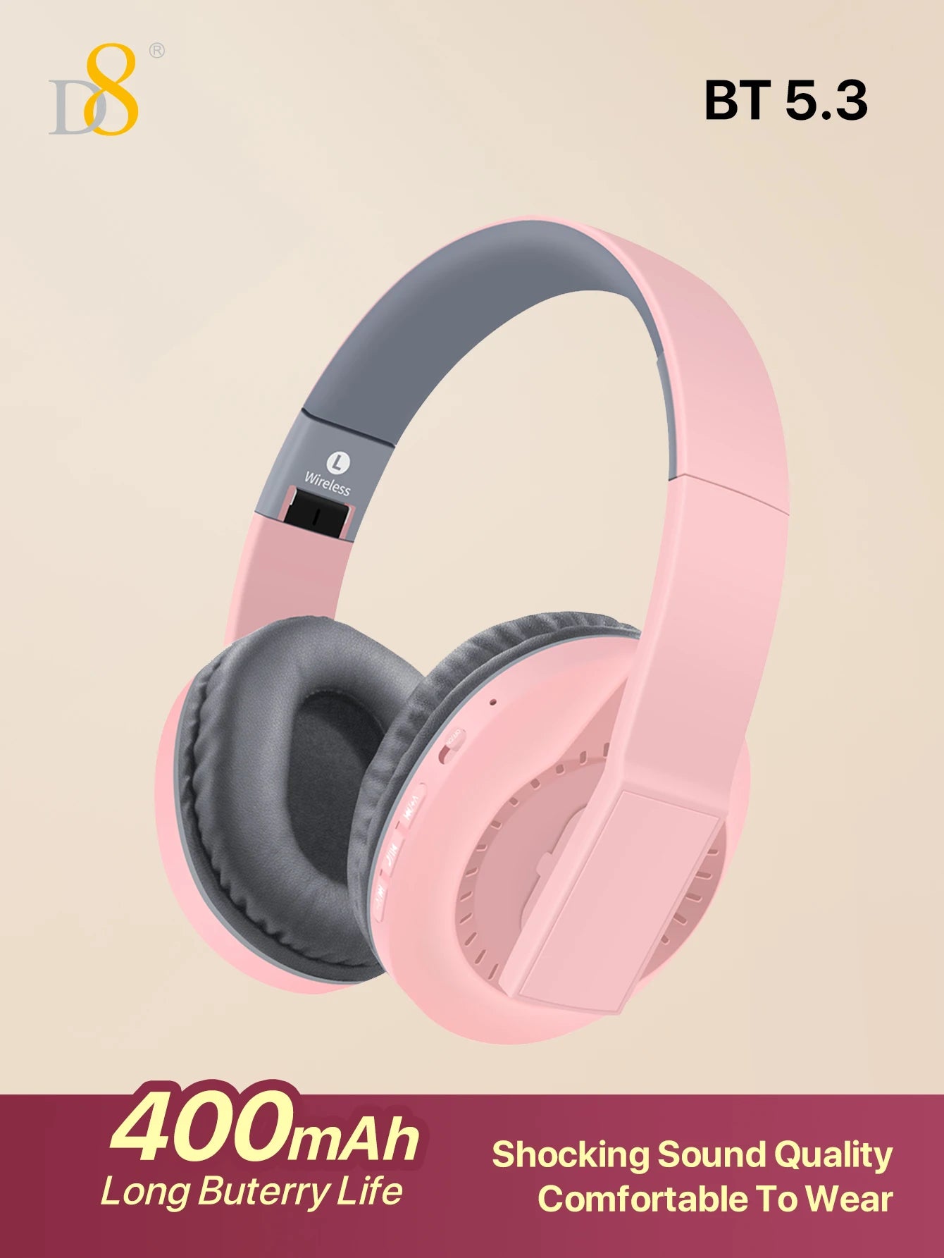 D8 Over Ear  Headphones,  Wireless and Wired Headset Built-in Microphone,  Micro SD Card Slot - (Stealth)  40H Playtime