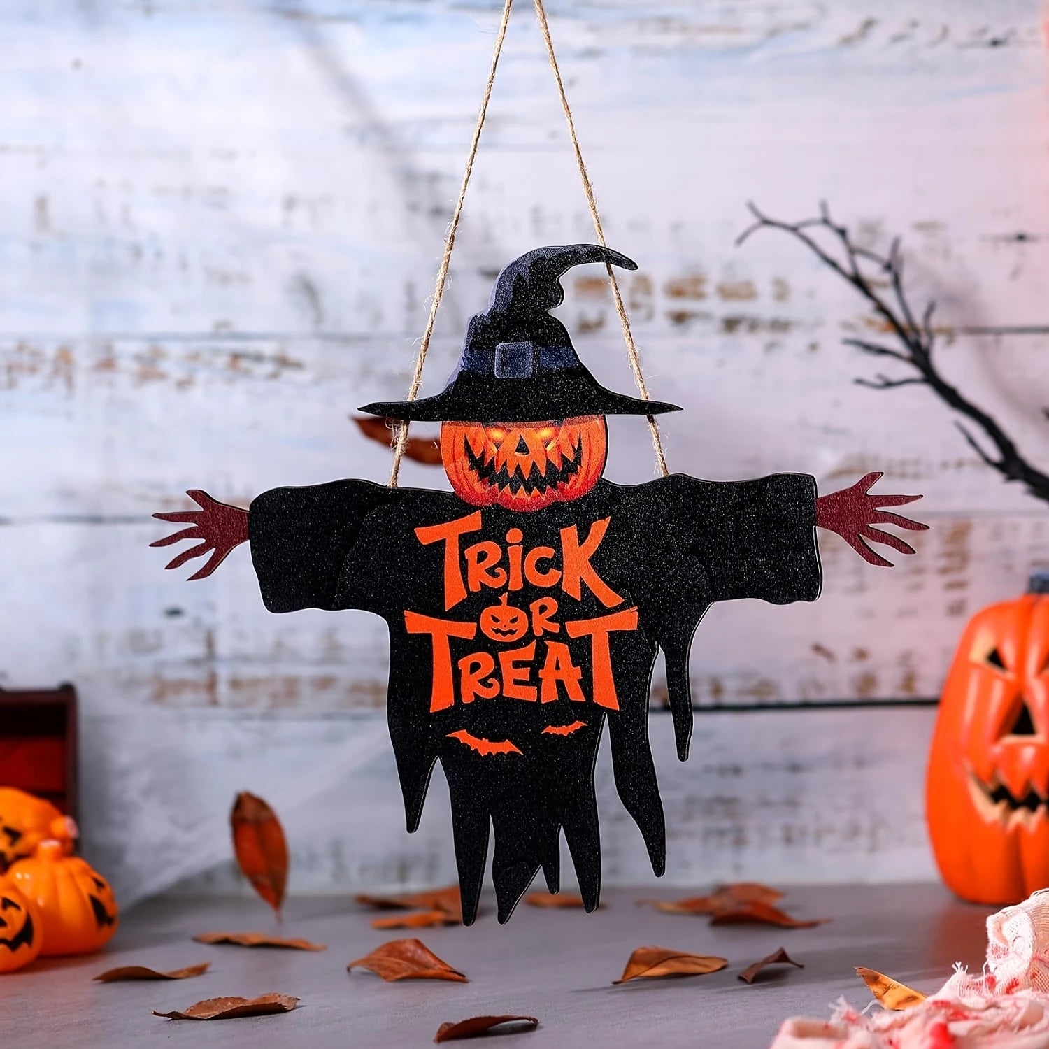 1pcs 2D Halloween Trick-or-Treat Wooden Sign Monster Face Pumpkin Design Rope Hanger Porch Wall or Halloween Garden Party Decora
