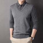 Winter Fleece Knit Pullovers Men Smart Casual Knitted Sweaters Mens Shirt Collar Fake Two Knitwear Fashion Slim Fit Man Sweater