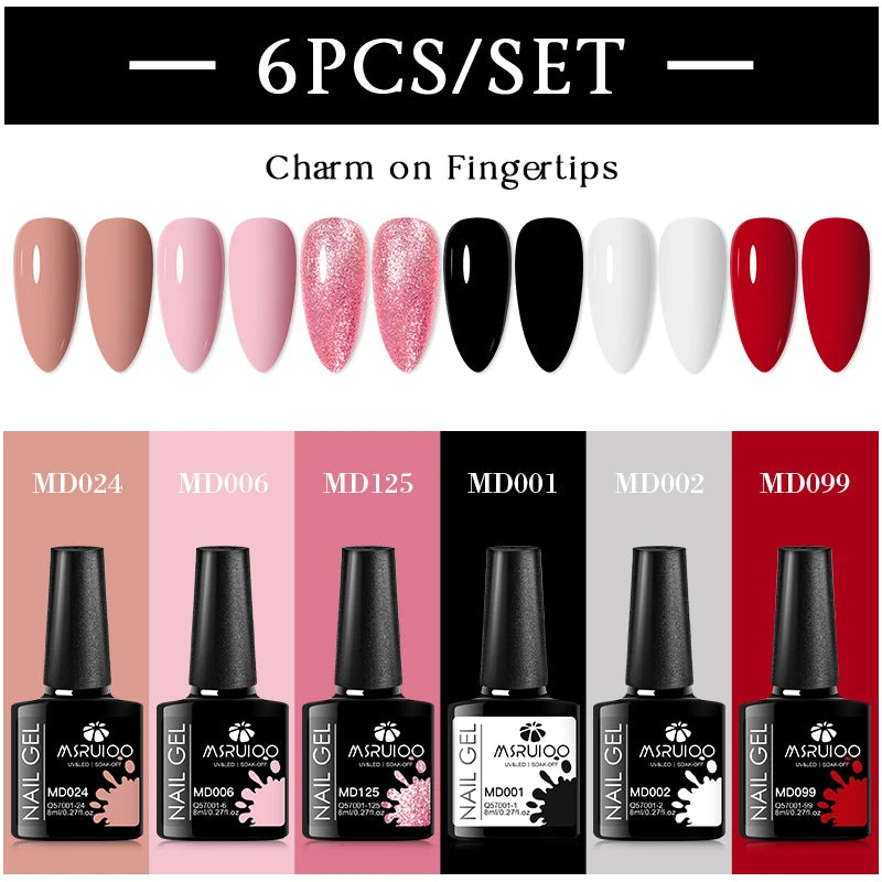 MSRUIOO 6pcs Nude Pink Gel Nail Polish Set Glitter Colorful Semi Permanent UV Gel Kits DIY Nail Art Painting Varnish Manicure