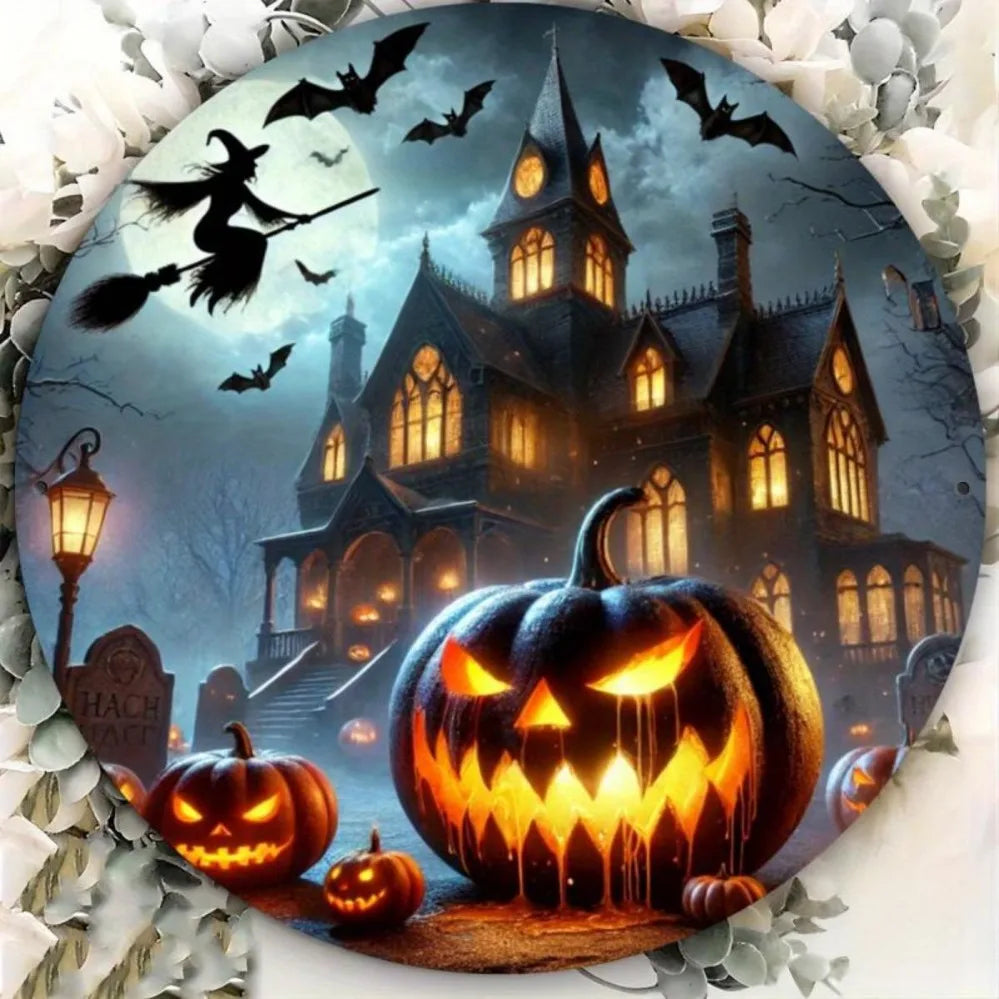 Vintage Halloween Metal Sign - Aluminum Plaque Featuring Ghosts, Pumpkins, Castles & Witch Silhouettes | Perfect for Man Caves,