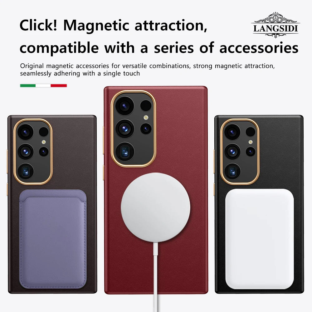 LANGSIDI Luxury Nappa Leather Magnetic Phone Case for Samsung s24 ultra Galaxy s23 ultra s24 plus for Magsafe fundas Back Cover