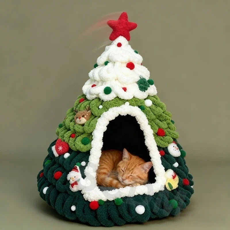 Winter Christmas Tree Cat Nest Handmade /Finished Cat Bed /Winter Warmth Semi Enclosed Dog Nest Felt Cone Pet House 크리스마스 고양이 굴