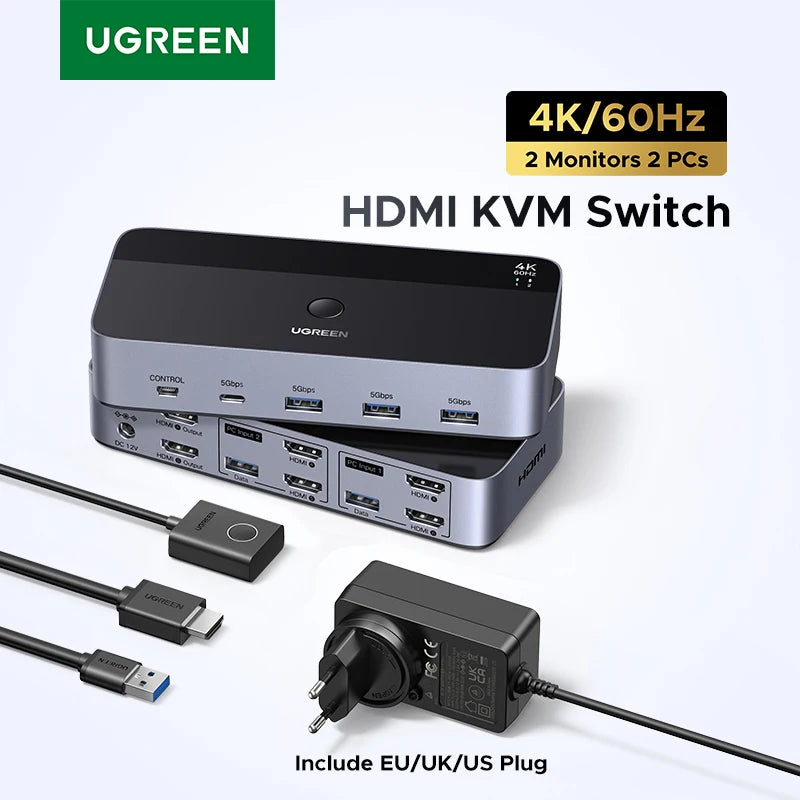 UGREEN HDMI KVM Switch for 2 Monitor 2 PCs 4K 60Hz USB C USB 3.0 Sharing Monitor Keyboard Mouse Printer with HDR 3D Support