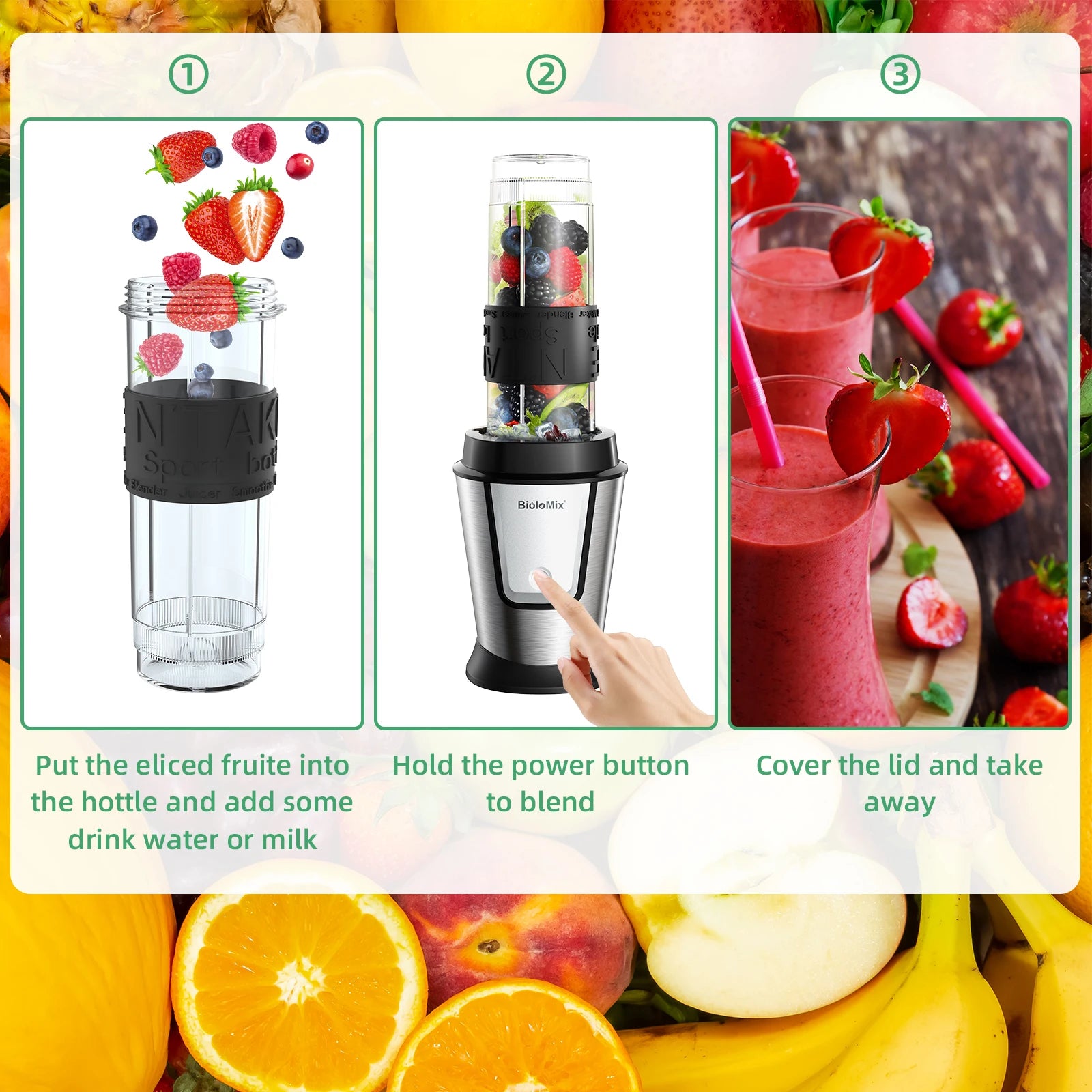 BioloMix 700W 3-in-1 Multifunctional Portable Food Processor Juicer Blender Smoothie Mixer Food Chopper Dry Grinder for Kitchen