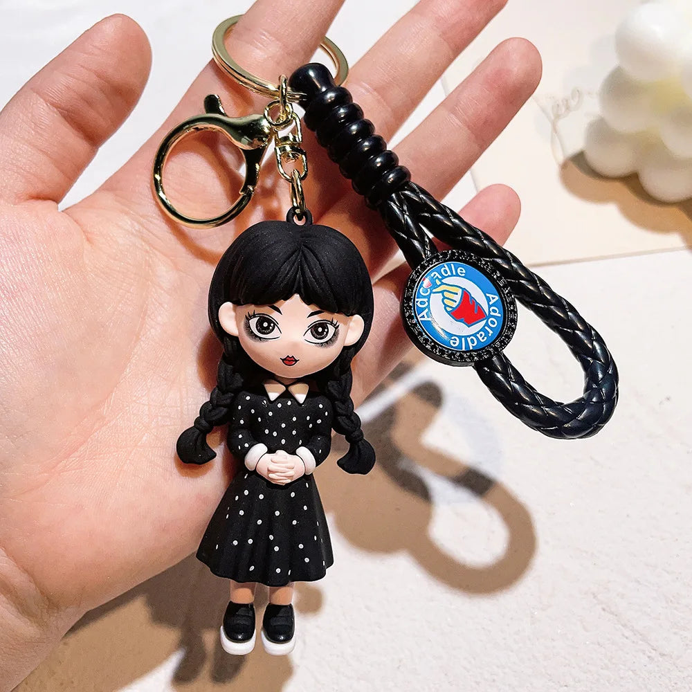 Horror Wednesday Addams Silicone Keychain Toy Thing Hand Home Decor Keychain Doll Schoolbag Pendant Halloween Toy Costume Props