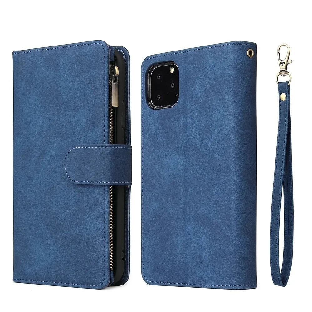 Premium Leather Wallet Case For iPhone 16 15 14 13 12 11 17 Pro Max Plus 17Air 16e Zipper Wallet Card Slots Magnetic Flip Cover