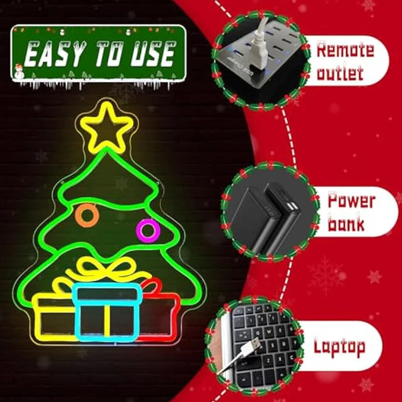Christmas Neon Sign Tree Gift Box Light Decorations Dimmable LED Light Up Sign for Wall Decor Party Kids Gift Winter Home